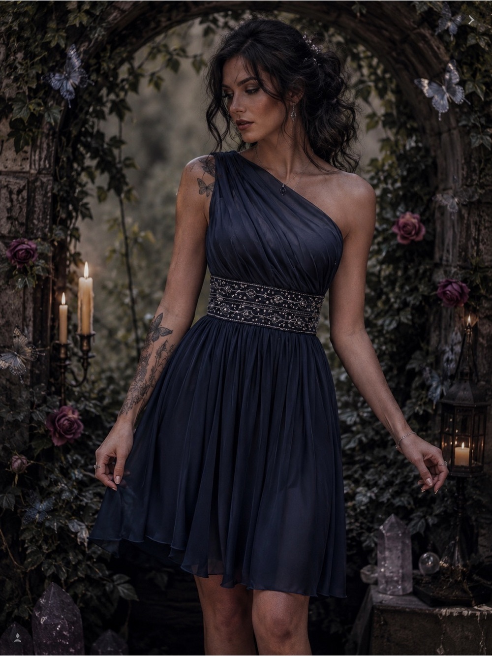 One Shoulder Sz 4 Jessica Howard Dress Navy Silver Beaded Waist Cocktail Short
